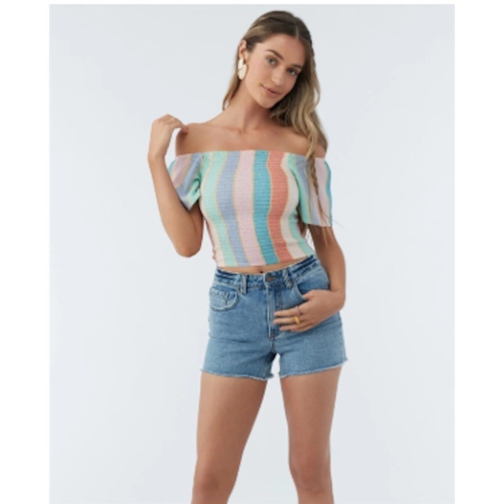 NWT O'Neill M Ally Stripe Square Neck Crinkle Gauze Off Shoulder Top 125494